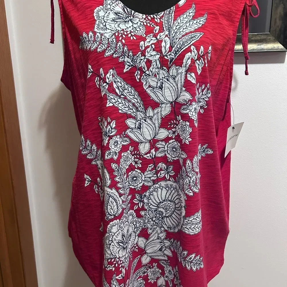 Liz Claiborne Red Floral V-Neck Sleeveless Tie Shoulders Tank Top NEW - Picture 5 of 14
